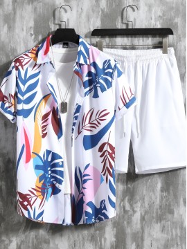 2pcs Men's Leaf Print Hawaiian Shirt and Drawstring Shorts Set - Casual Summer Outfit